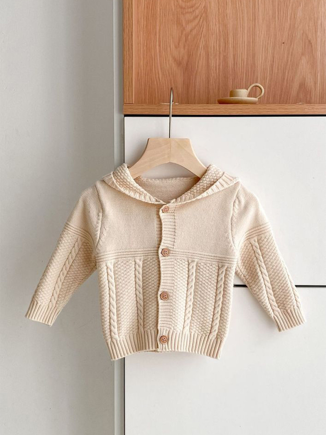 LULU & SKY Girls Self Design Cable-knit Hooded Cardigan Sweaters