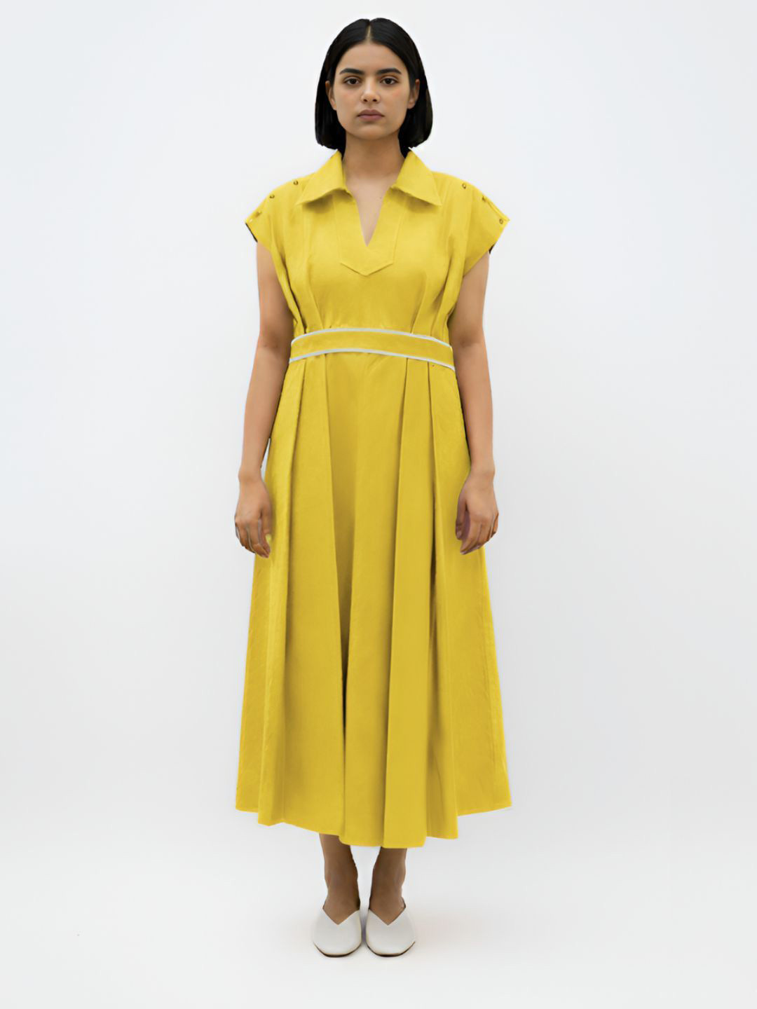 Neora Women Shirt Collar Gathered or Pleated A-Line Maxi Dress