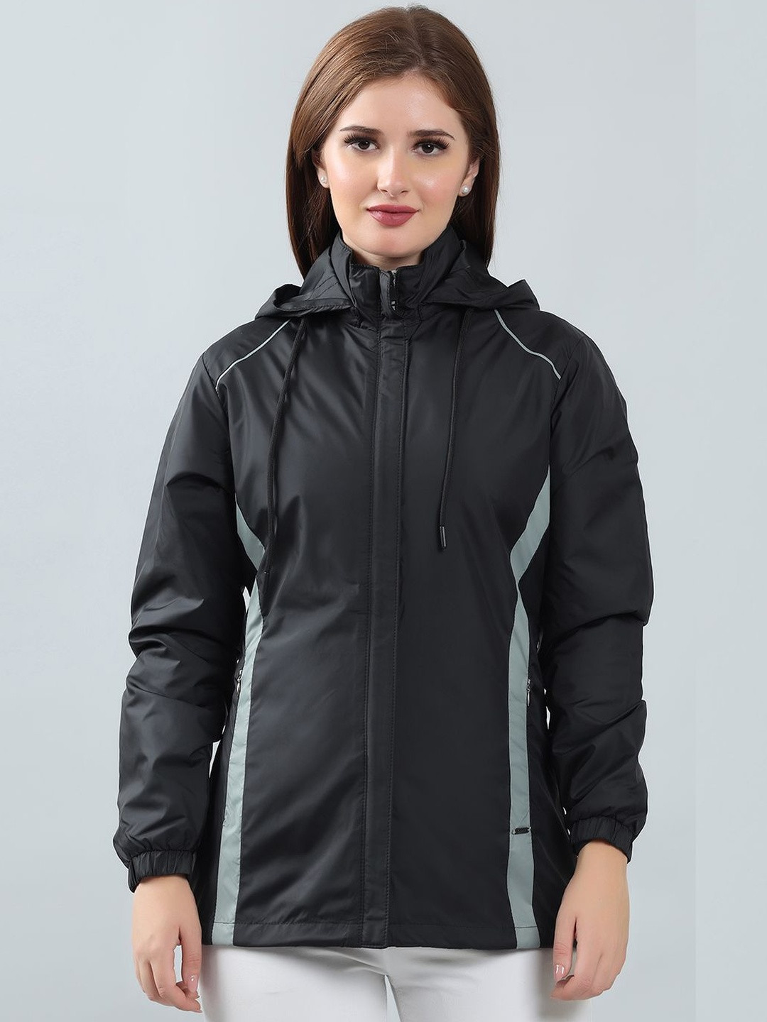 SPIRITTED Women Colourblocked Zip Detail Hooded Lightweight Sporty Jacket