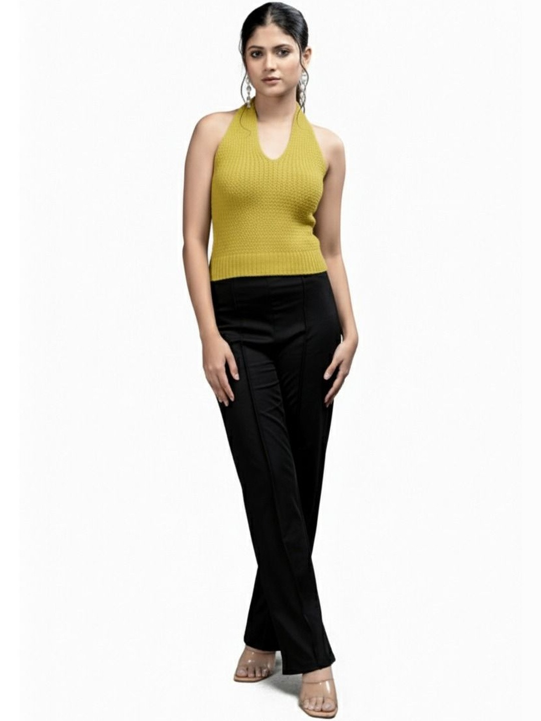 Madborn Creation Ribbed Halter Neck Sleeveless Cropped Tank Top