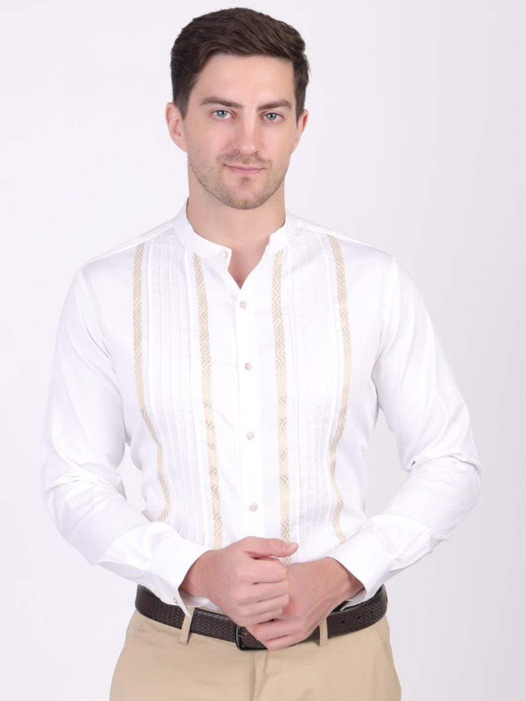 PIER 7 Men Premium Slim Fit Textured Band Collar Formal Shirt