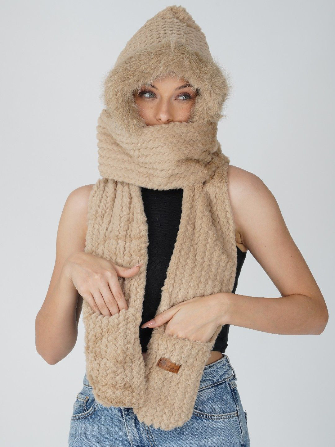 2 KOLPOL Women Self Design Woollen Hoodie Hat Scarf With Pocket