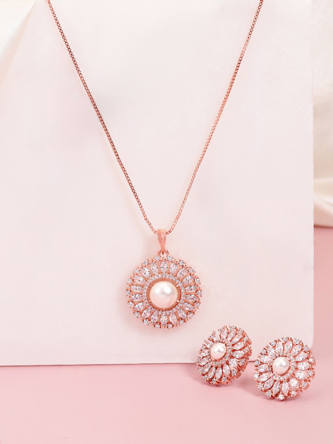 Peora Rose Gold-Plated Cubic Zirconia Pendant Chain & Earring Set