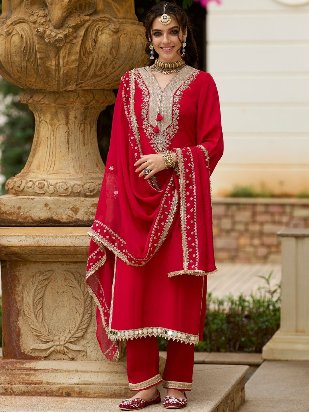 Indo Era Ethnic Motifs Embroidered V-Neck Mirror Work Kurta With Trousers & Dupatta