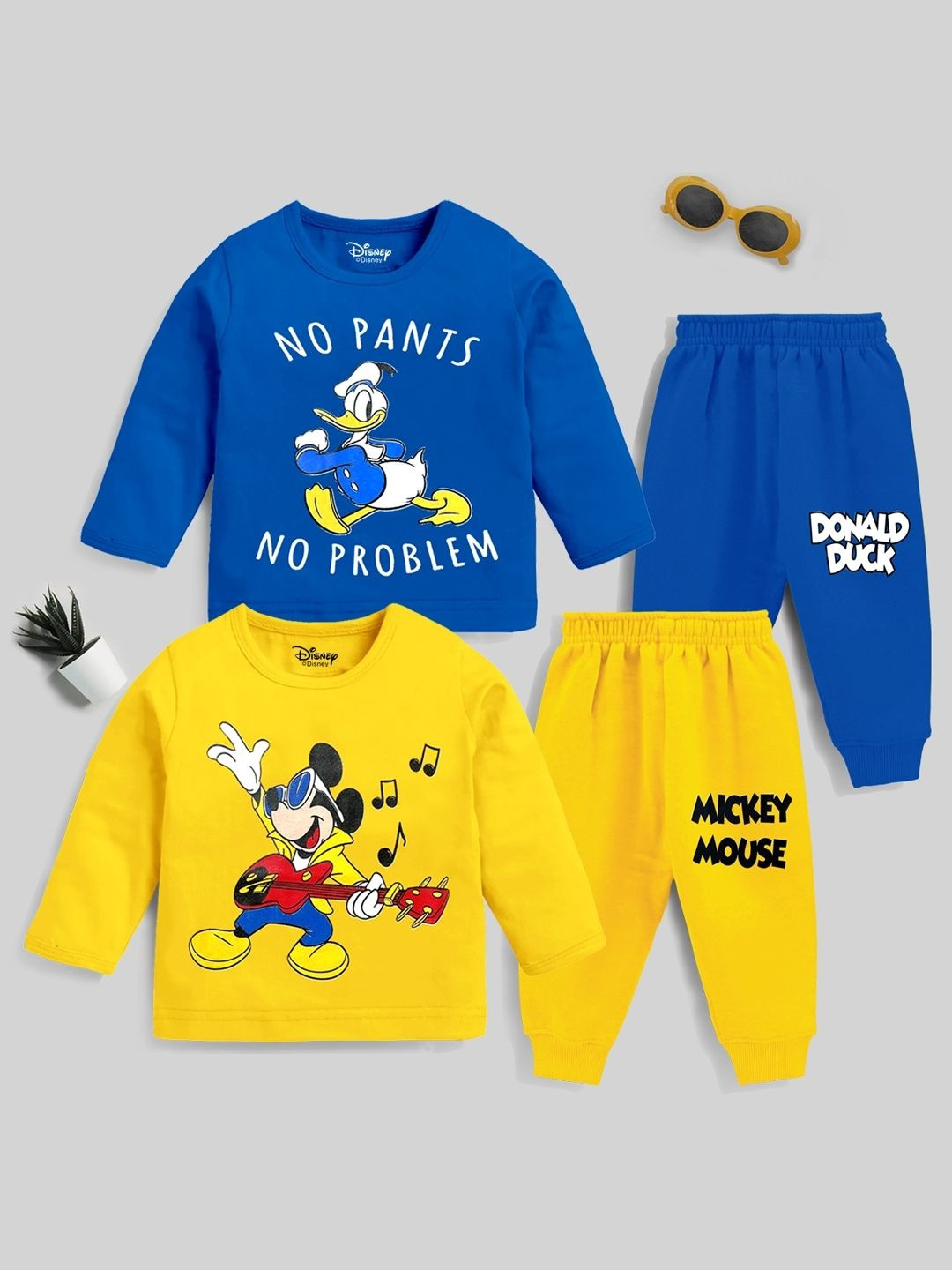 YK Disney Boys Pack Of 2 Mickey Mouse Printed Round Neck T-shirt with Pyjamas Clothing Set