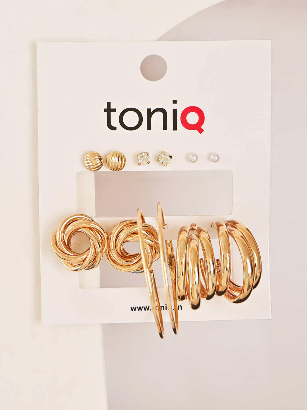 ToniQ Set Of 6 Gold-Plated Artificial Stones Studded Seuare Shaped Studs