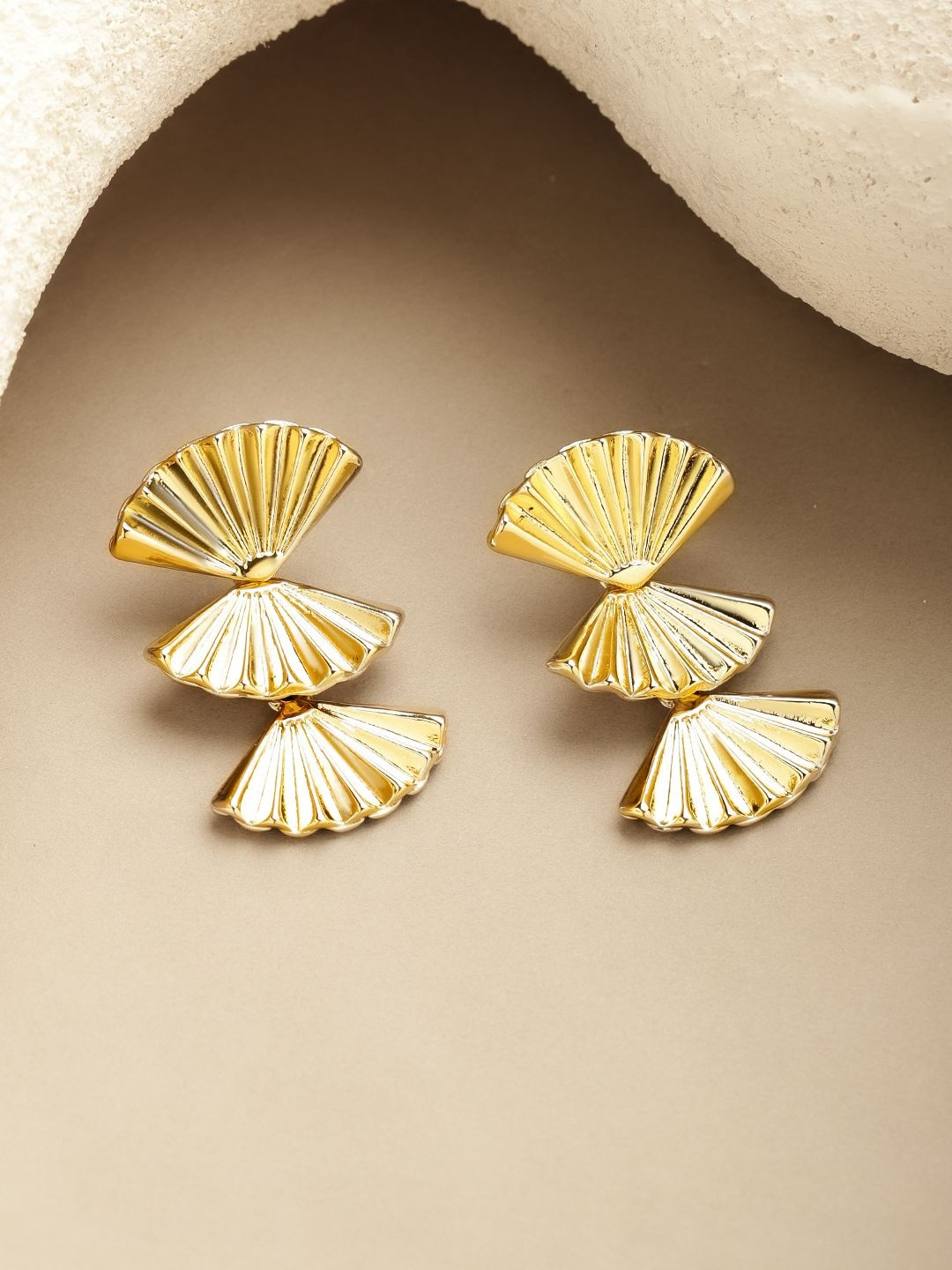 Rubans Voguish 18K Gold-Plated Triple Fan-Motif Textured Bold Drop Earrings