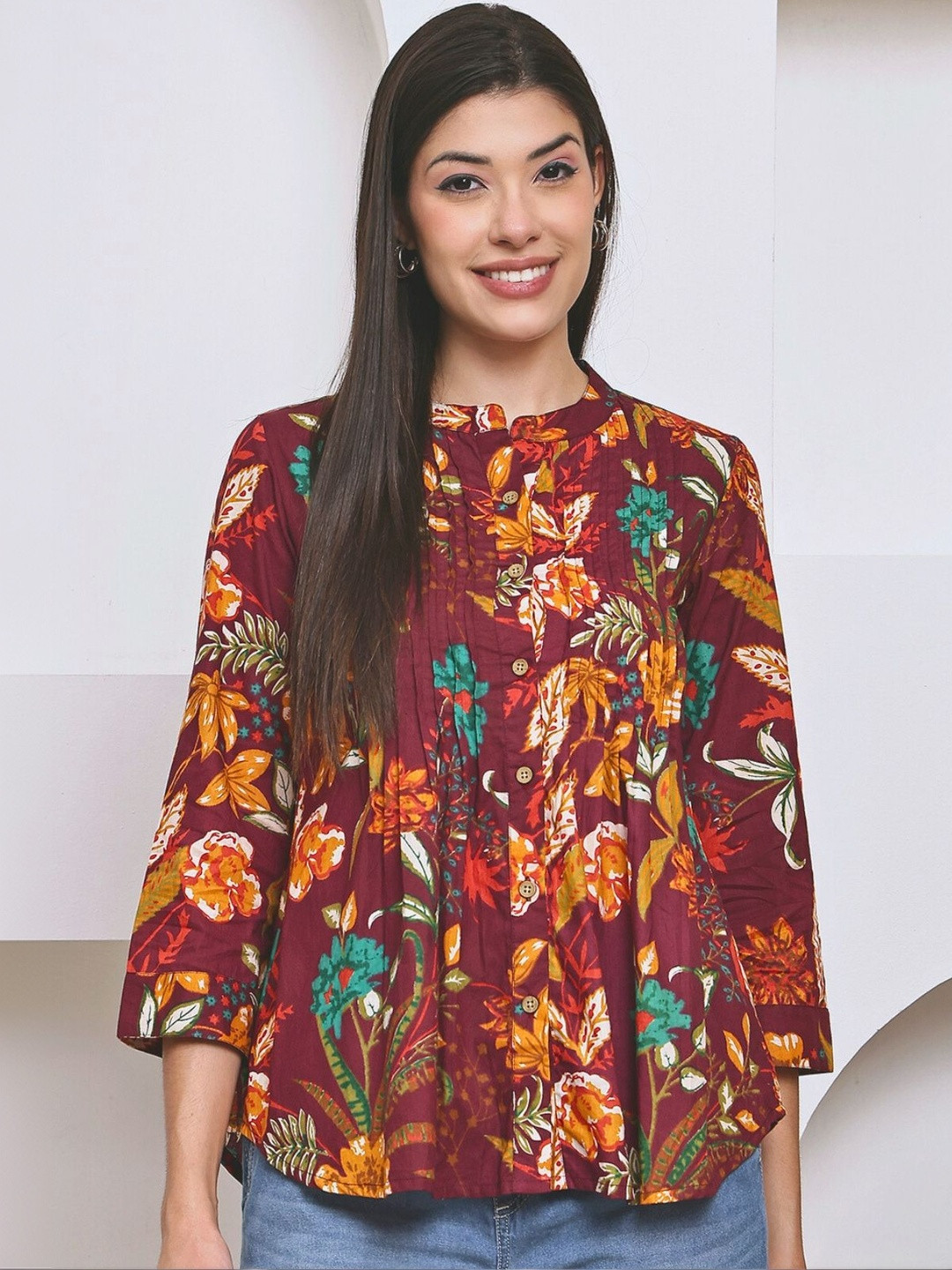 Feel Clath Floral Print Mandarin Collar Organic Cotton Top