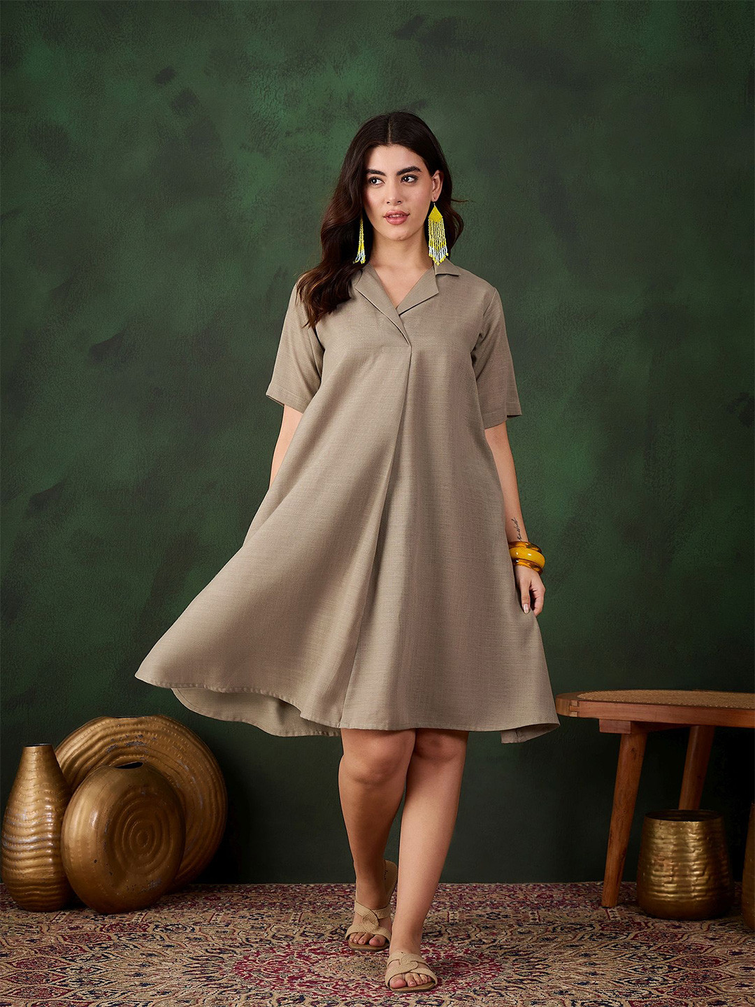 InWeave Solid Shirt Collar Short Sleeves Linen A-Line Above Knee Dress
