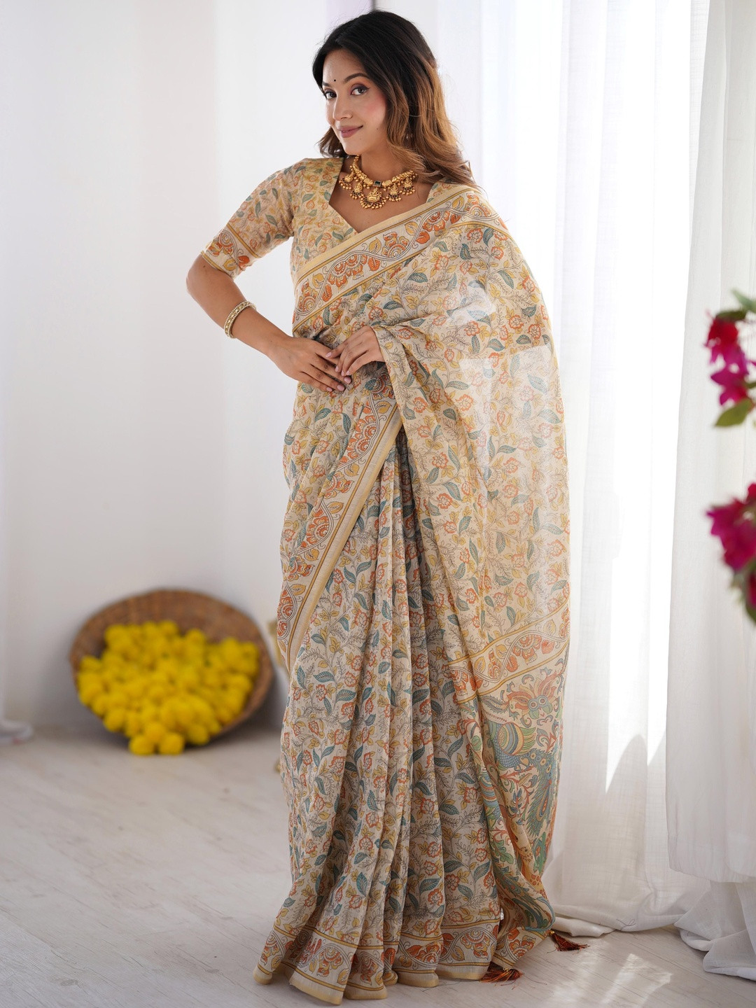 MAHALASA Floral Printed Pure Linen Saree with Blouse Piecec