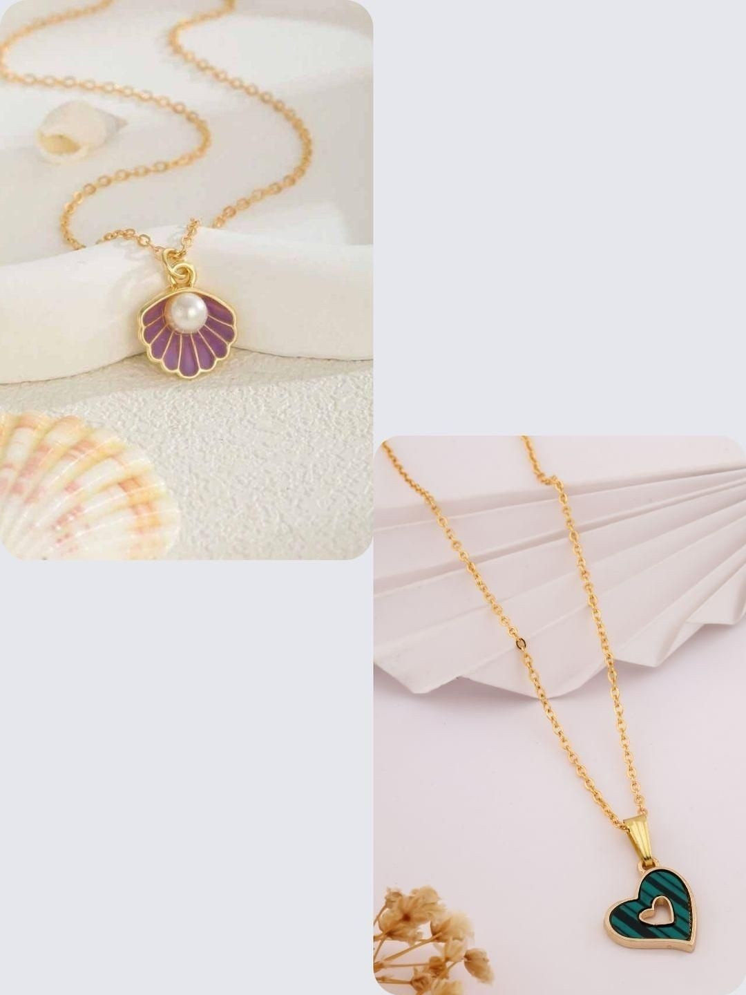 SZN Set Of 2 Gold-Plated Pearls Beaded Sea Shell & Heart Shaped Pendants With Chains