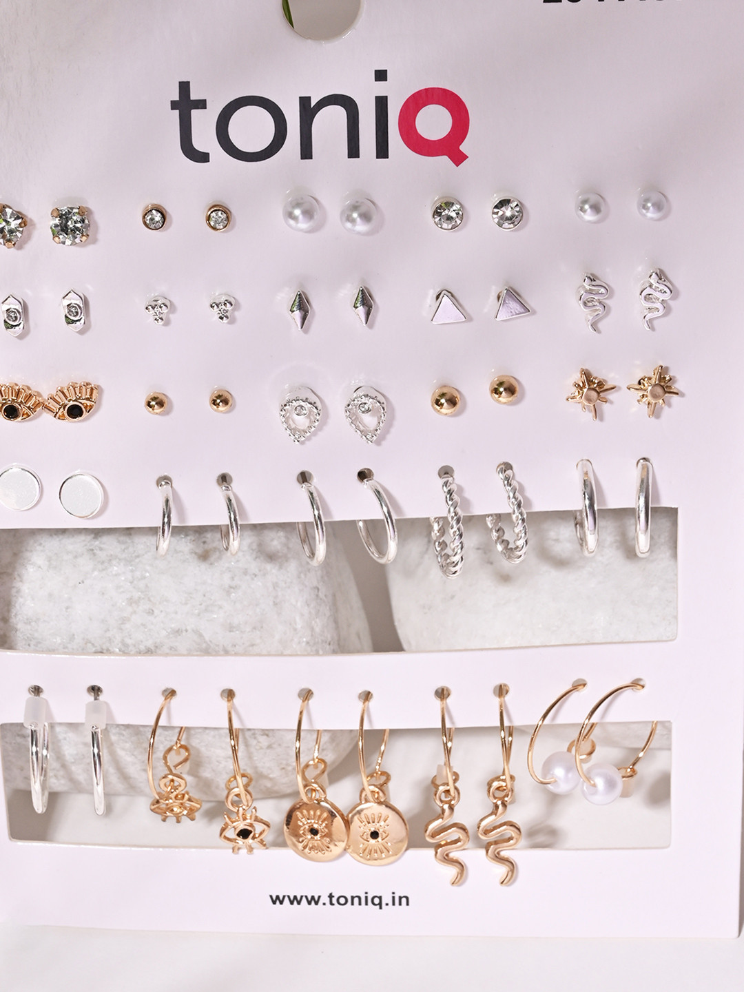 ToniQ Set Of 25 Silver-Plated Artificial Stones Studded & Beaded Geometric Studs