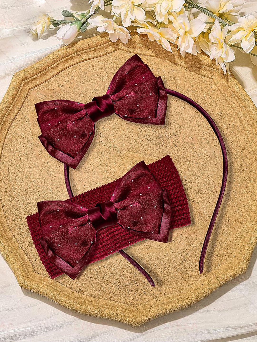 LYKAA Girls Set of 2 Satin Bow Hairband and Stretchable Headband Hair Accessory Set