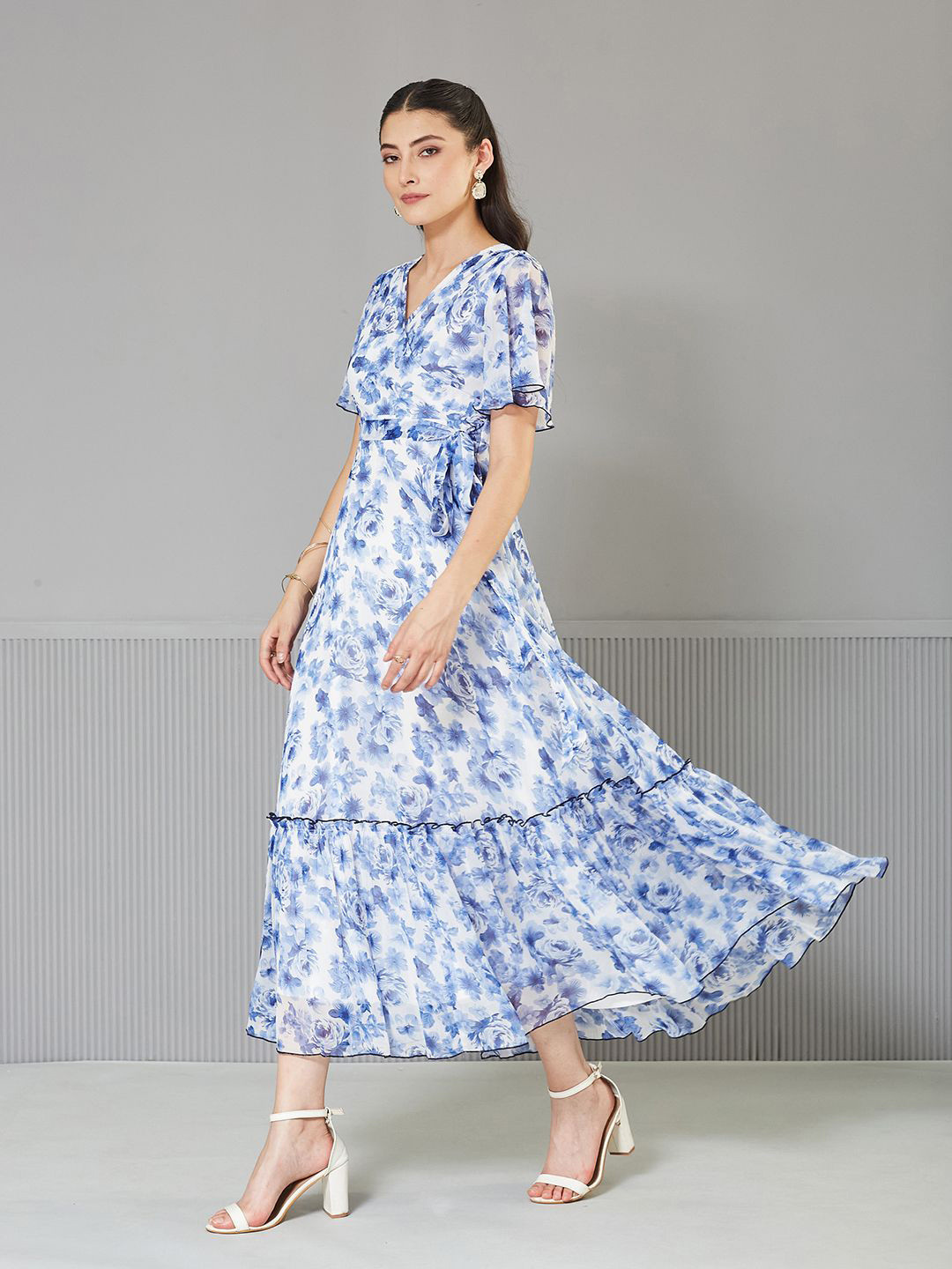 Miss Chase Women's Floral Wrap Chiffon Maxi Dress with White Base & Flutter Sleeves