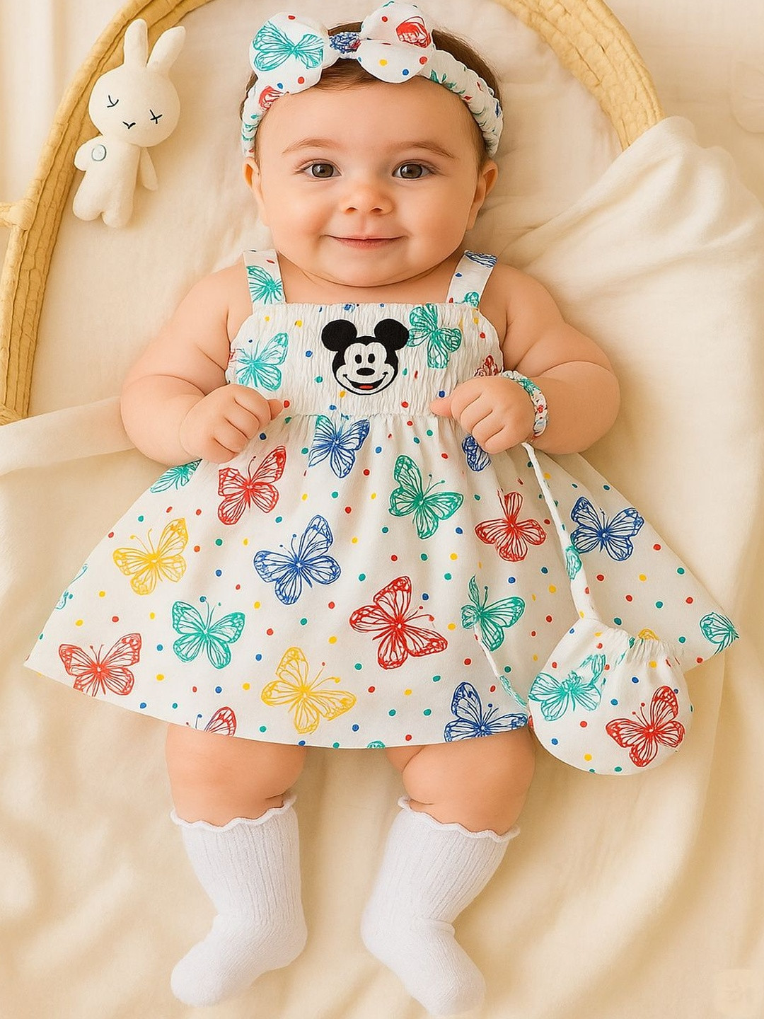 RUBINA DRESSES Girls Butterfly Printed Fit And Flare Dress With Bow Tie & Sling Bag