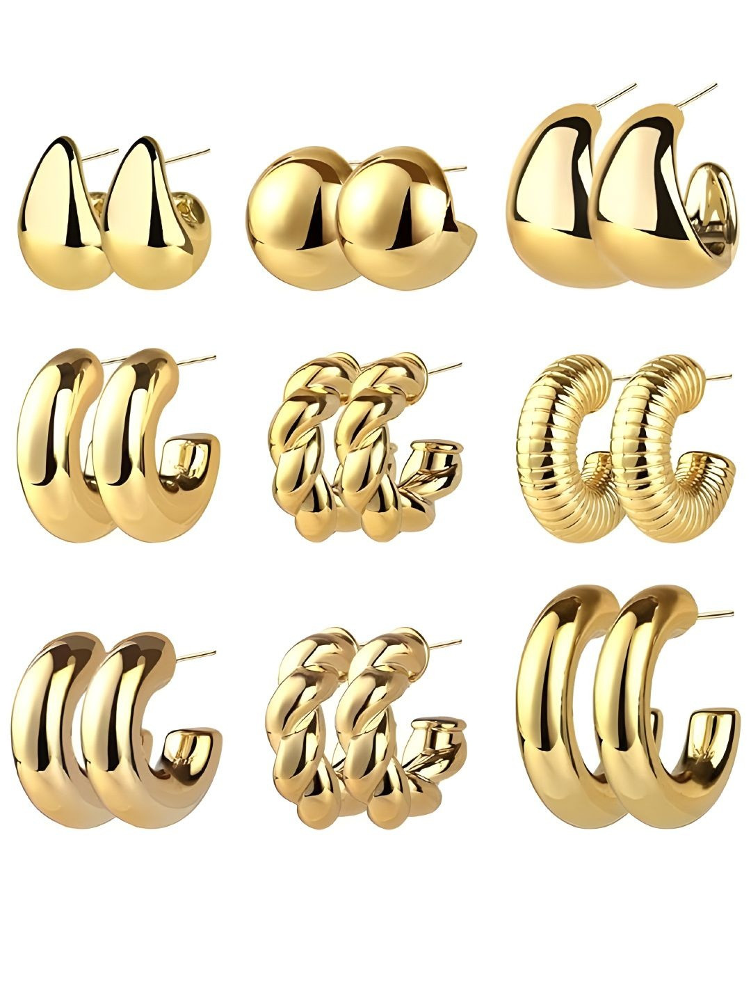 Young & Forever Set Of 9 Gold-Plated Chunky Geometric Shaped Hoop Earrings