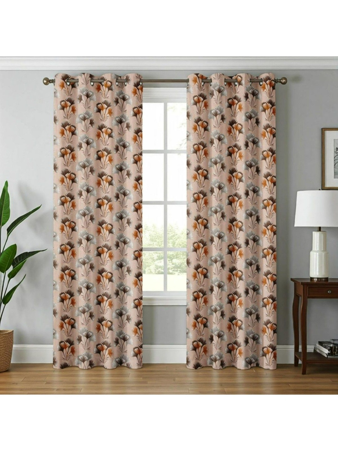 UrbanArts Brown Printed Wrinkle Free 2 Pieces Window Room Darkening Eyelet Curtains