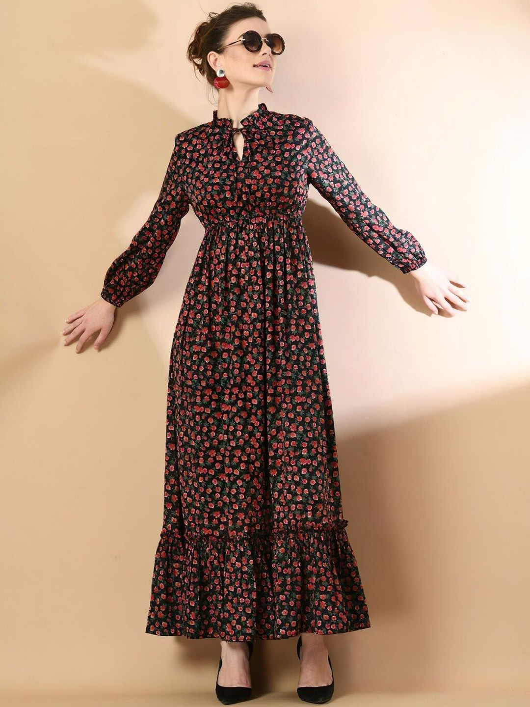 LookShine Women Printed Tie-Up Neck Puff Sleeves Fit and Flare Maxi Dress