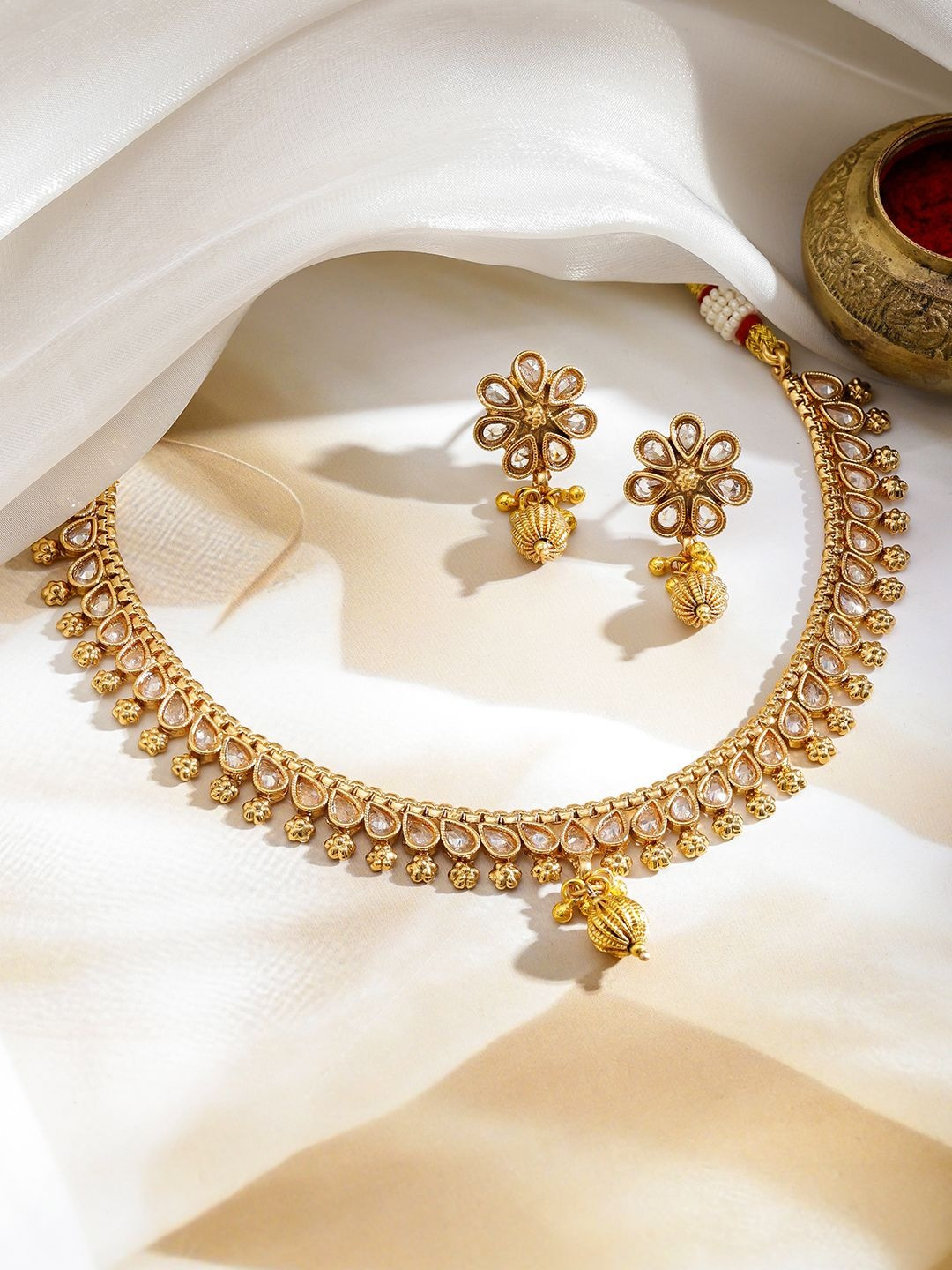 Rubans Women 18K Gold-Plated Kundan Floral Beaded Stone-Studded Jewellery Set