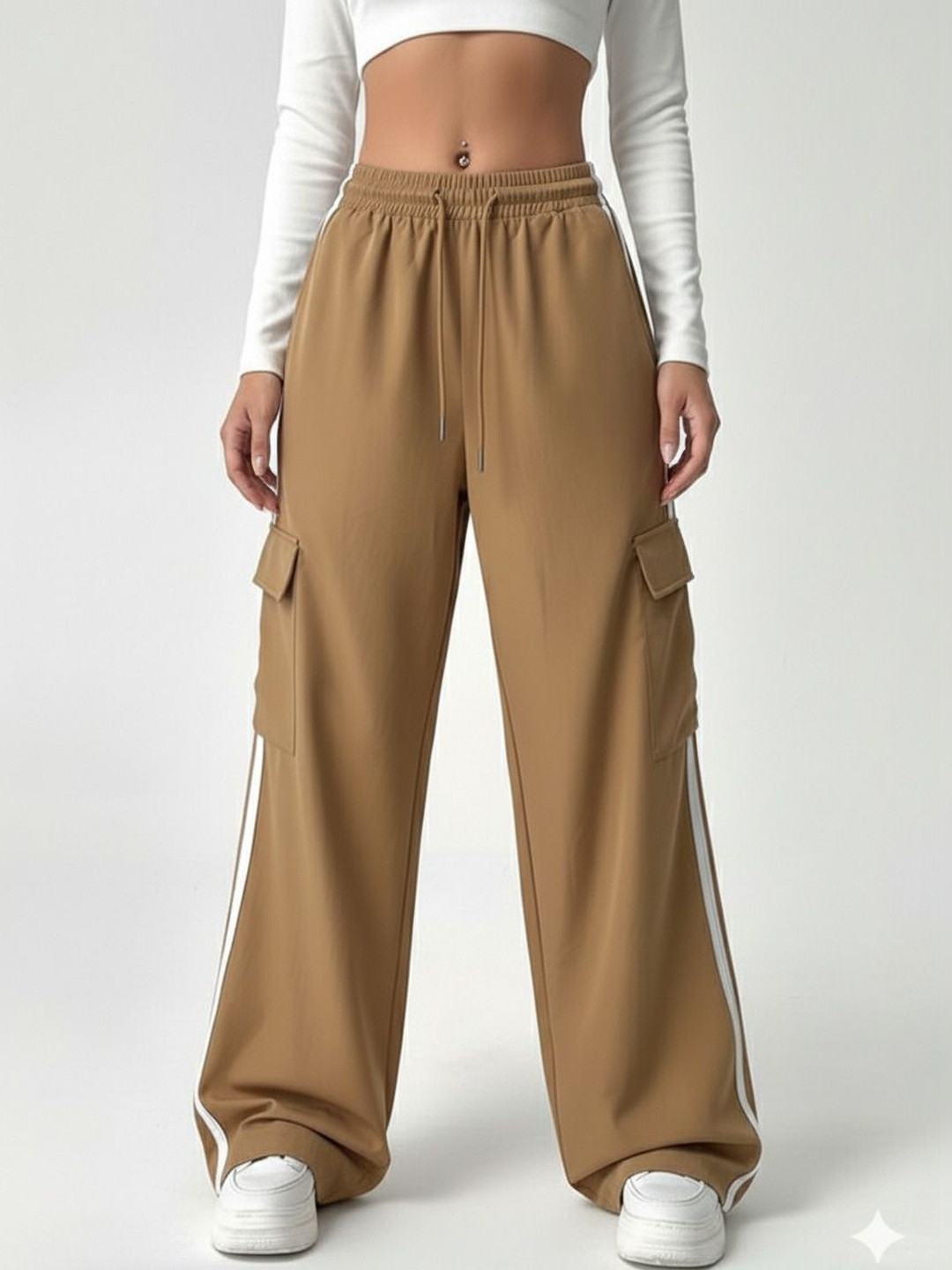ORIEX THE ORIGINAL FASHION Women Striped Relaxed Baggy High-Rise Easy Wash Cargos Trousers
