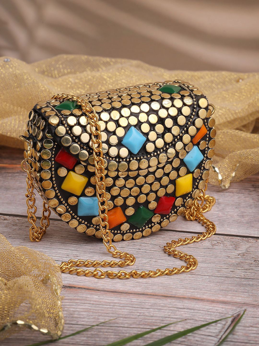 Anekaant Metal Mirage Metallic Gold & Multi Mosaic Clutch