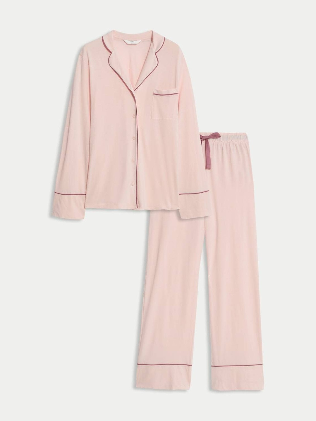 Marks & Spencer Women Lapel Collar Long Sleeve Shirt & Pyjamas Night suit