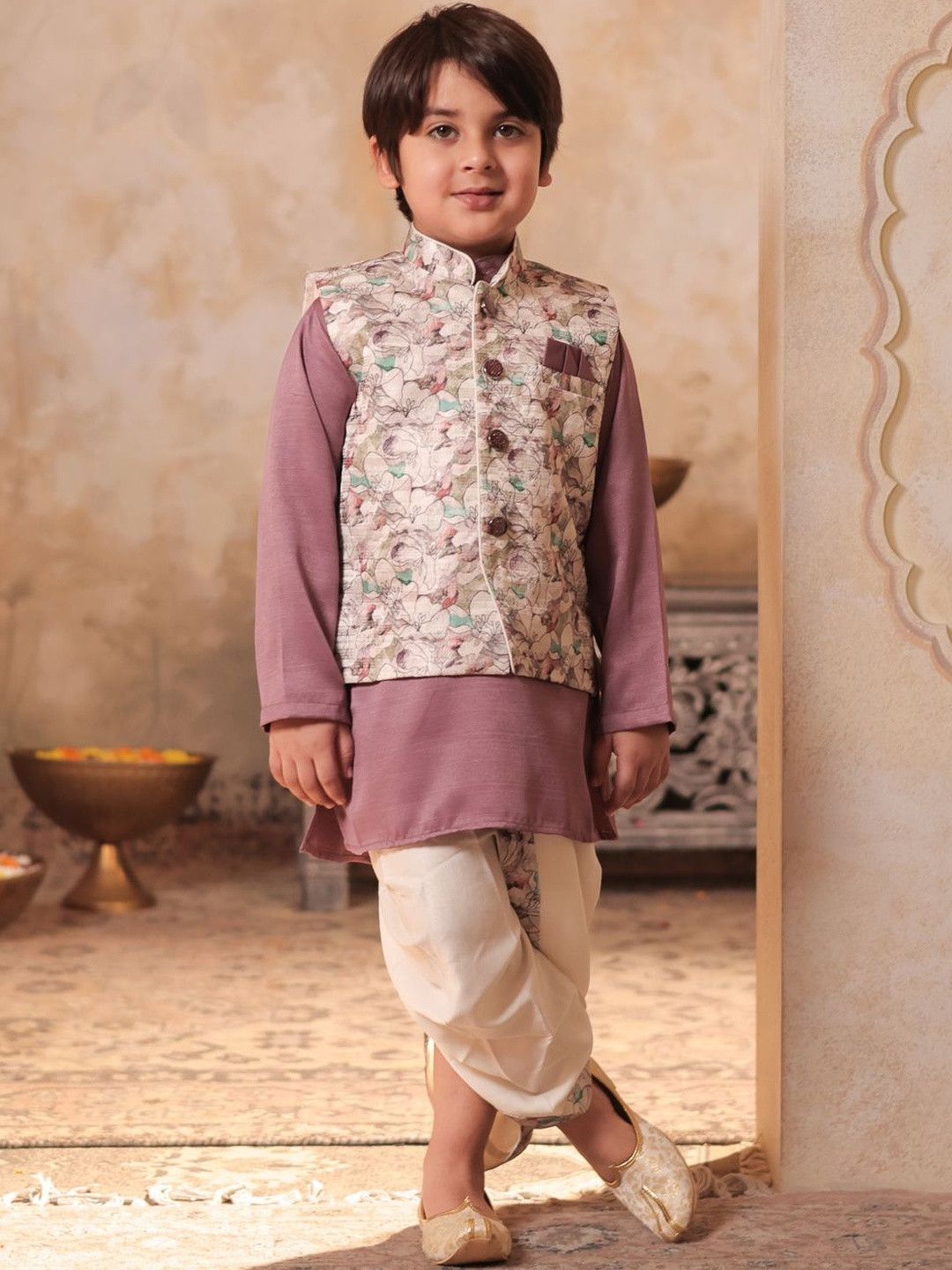 Aj DEZInES Boys Pink Pure Cotton Full Sleeves Floral Printed Kurta with Dhoti Pants