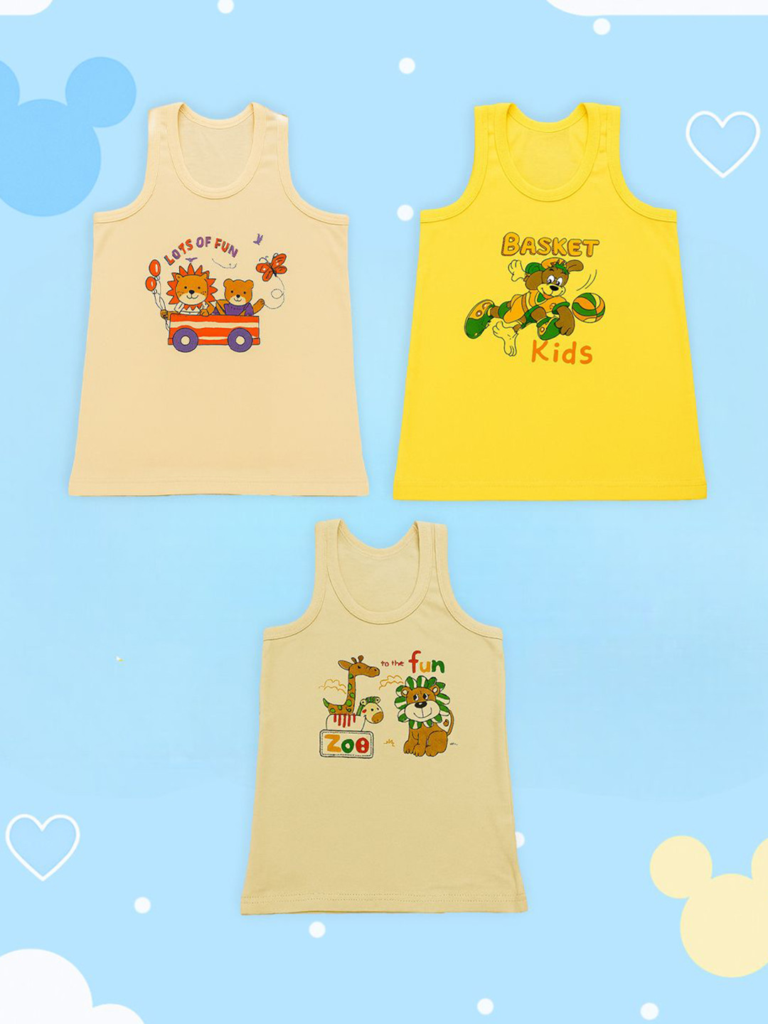 Kidbea Kids Pack Of 3 Printed Sleeveless Organic Cotton Vests