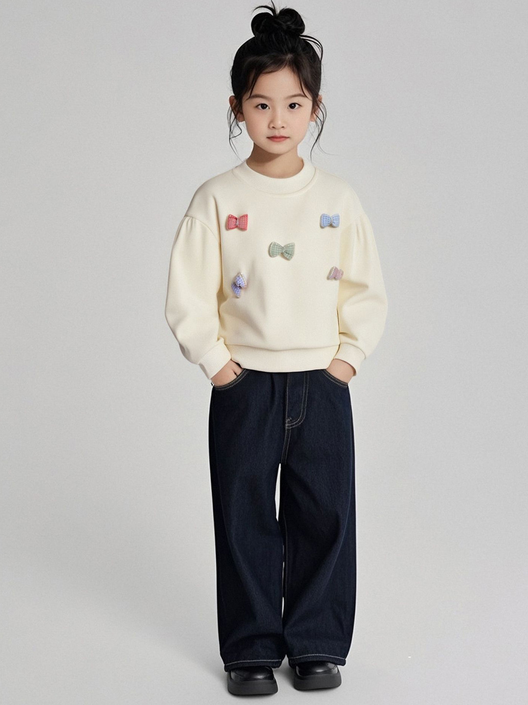 LULU & SKY Girls Solid Round Neck Long Sleeves Pullover Sweatshirt With Applique