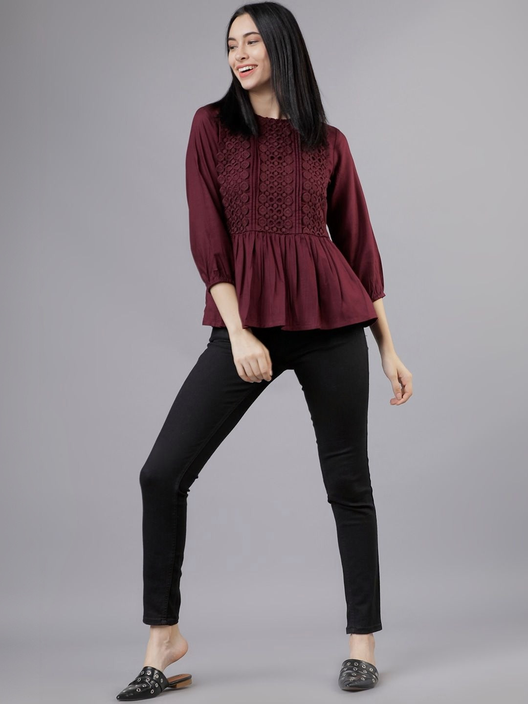 ALHADAYA Women Solid Embroidered Peplum Top
