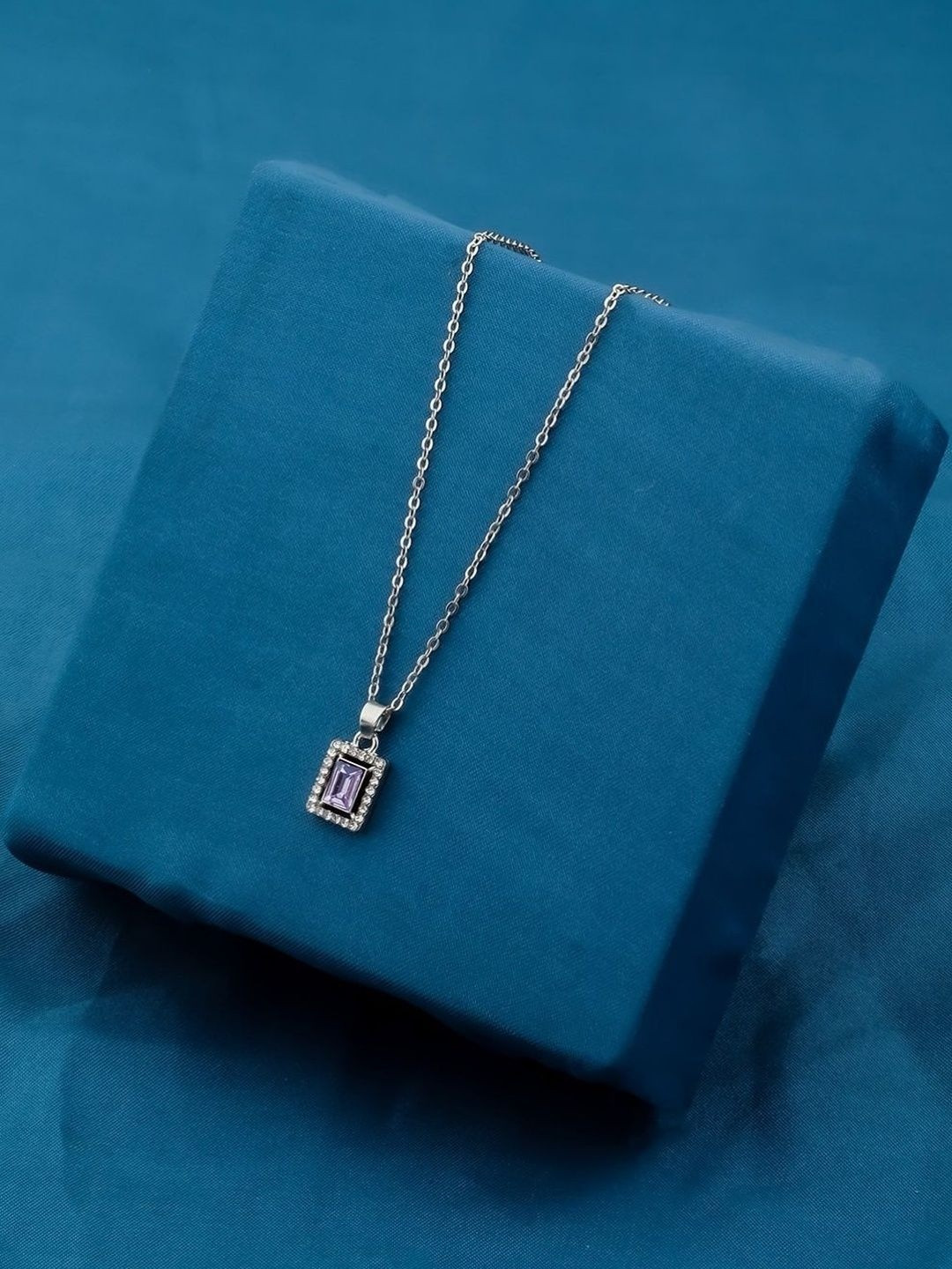 SZN Gold-Plated Artificial Stones Studded Rectanglular Shaped Pendant With Chain