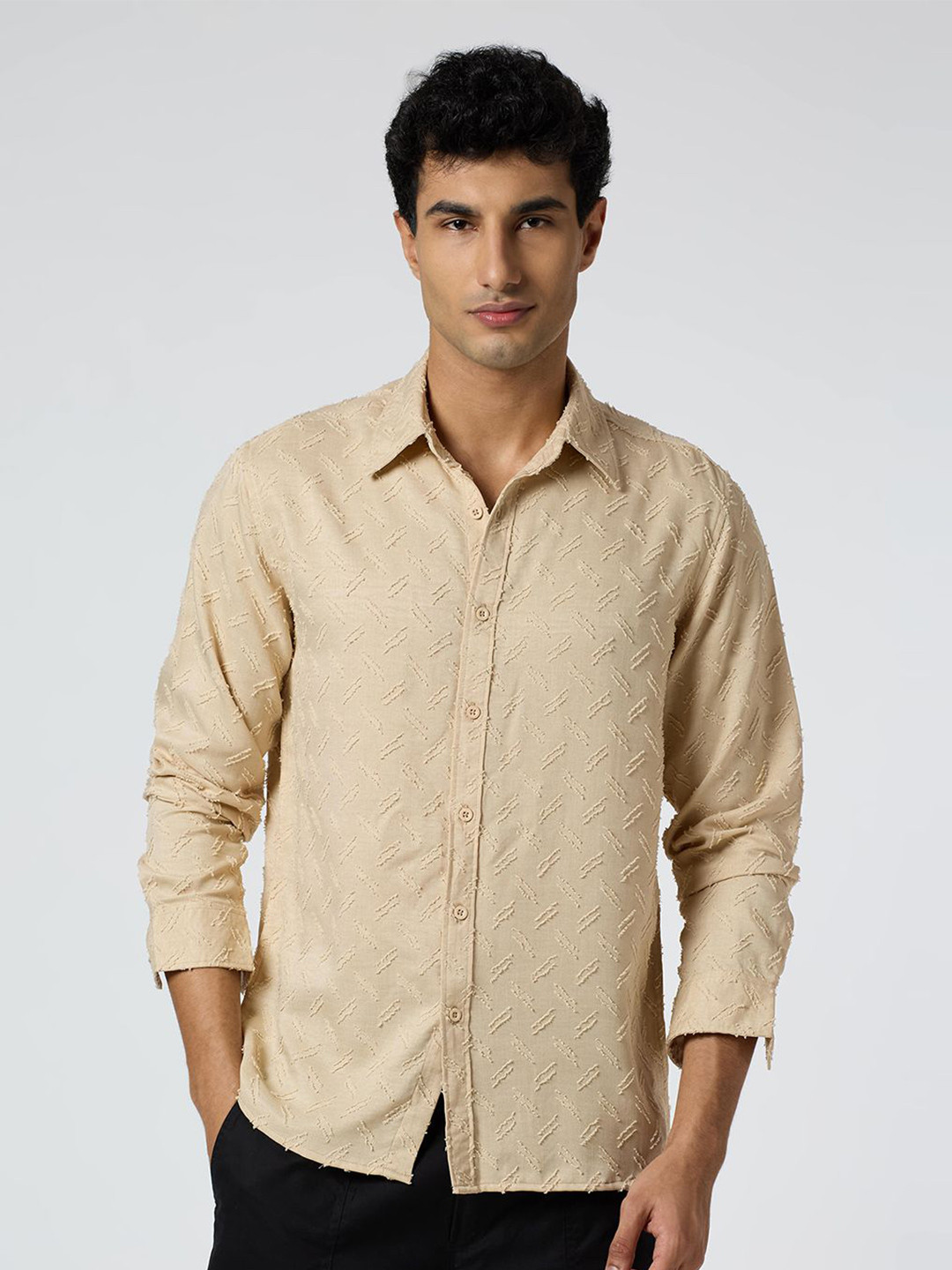 JOHN WATSON Sandwave Men Classic Regular Fit Textured Spread Collar Casual Shirt