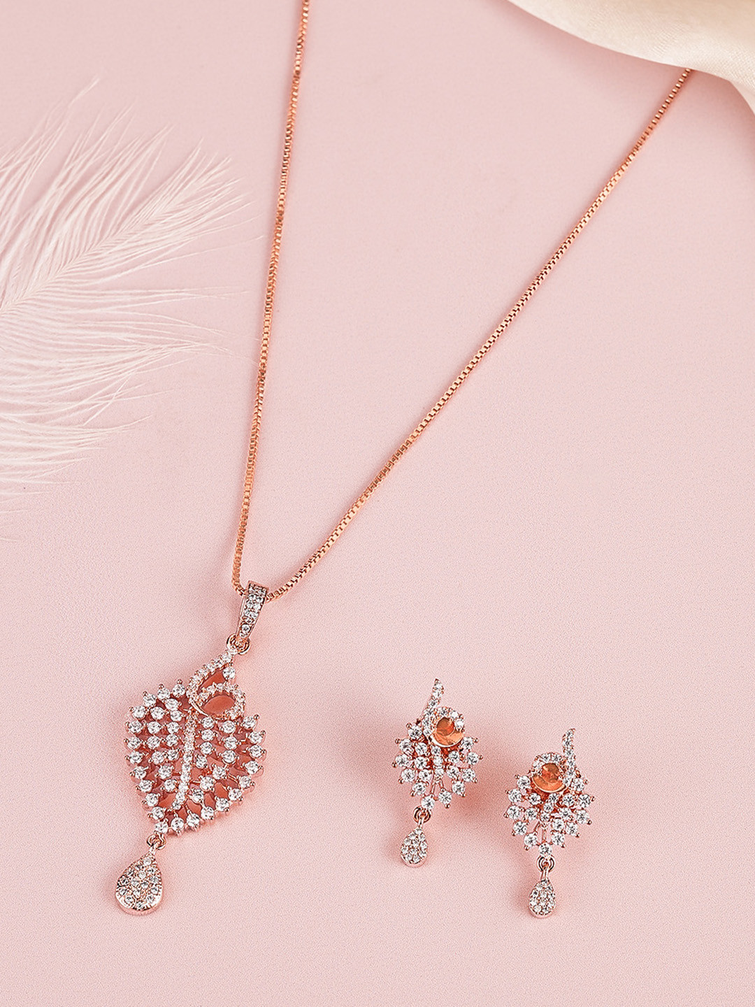 Peora Rose Gold-Plated Cubic Zirconia Pendant Chain & Earring Set