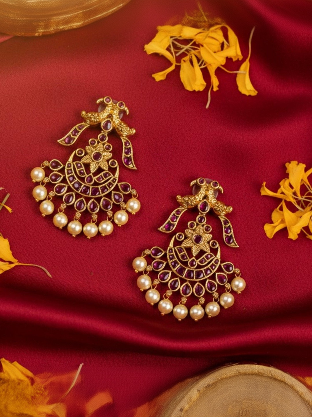Laa Calcutta Gold-Plated Artificial Stones Studded and Beaded Peacock Shaped Drop Earrings