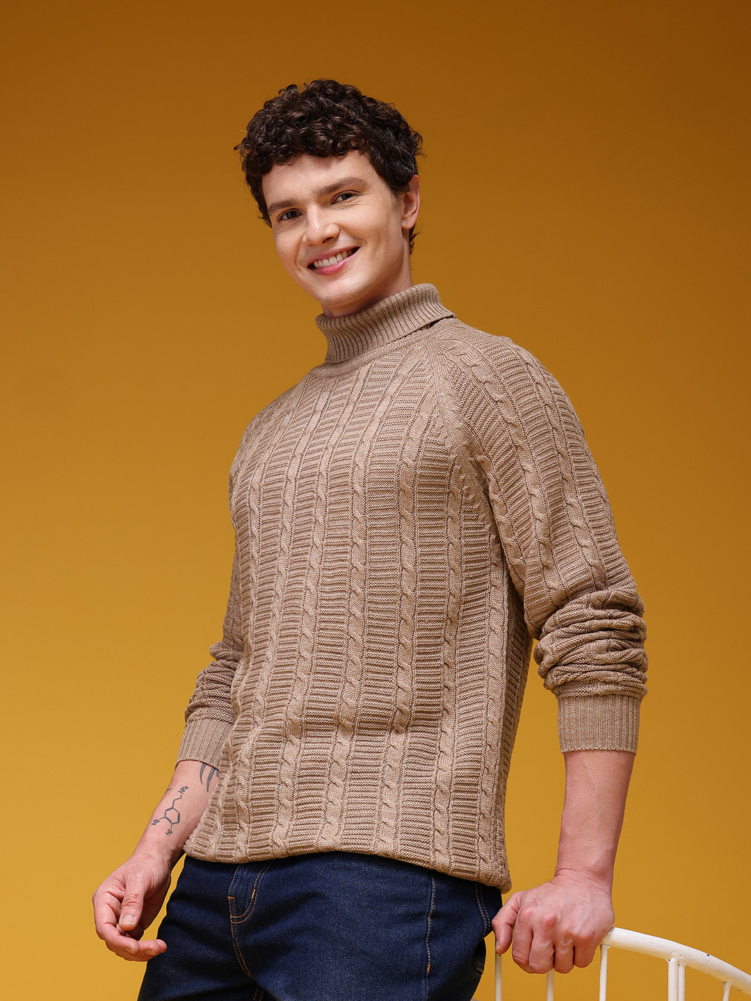 HERE&NOW Acrylic Turtle Neck Cable Knit Long Sleeves Sweaters