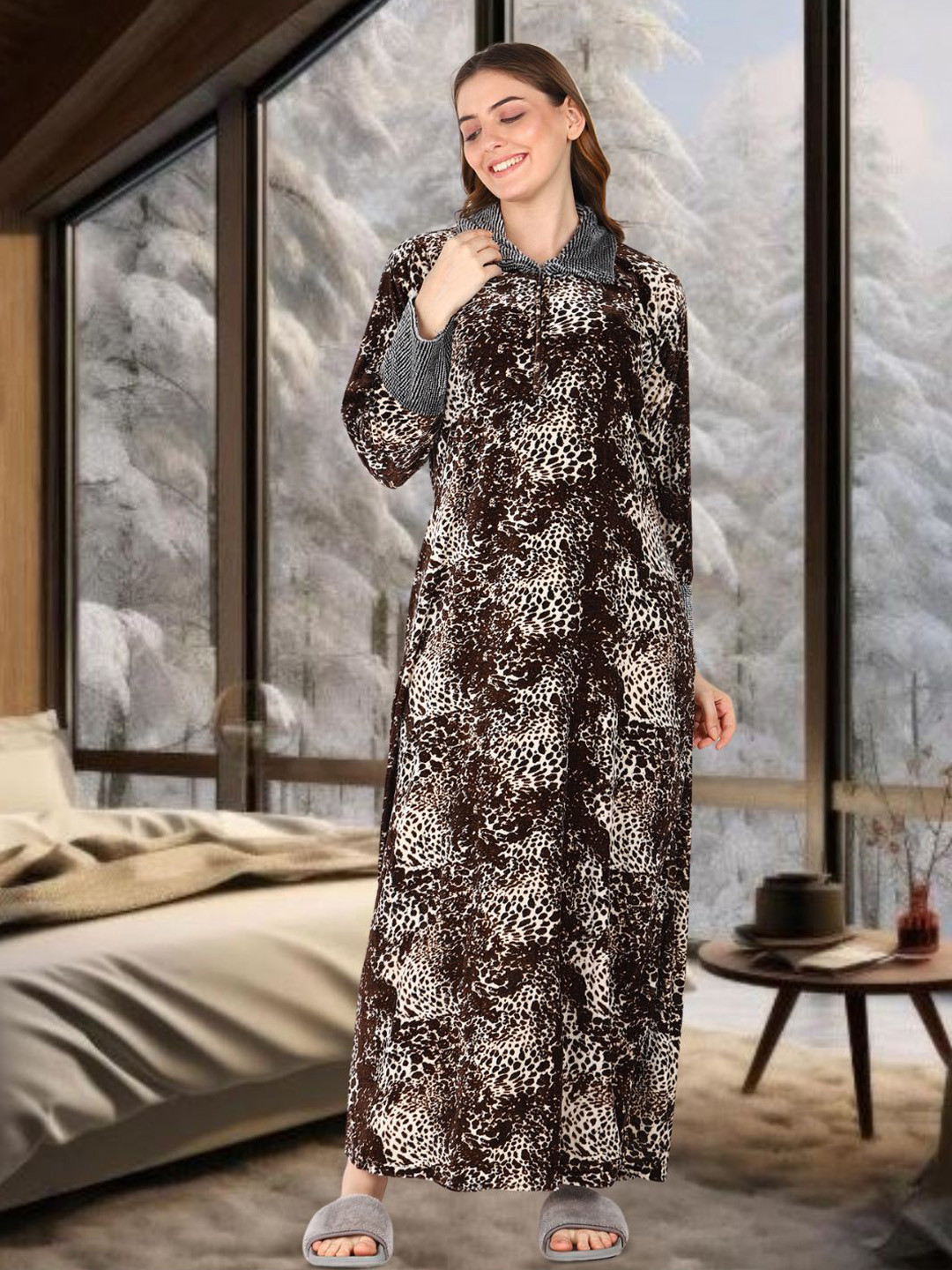 For You For Me Women Animal Printed Polo Collar Maxi Nightdress