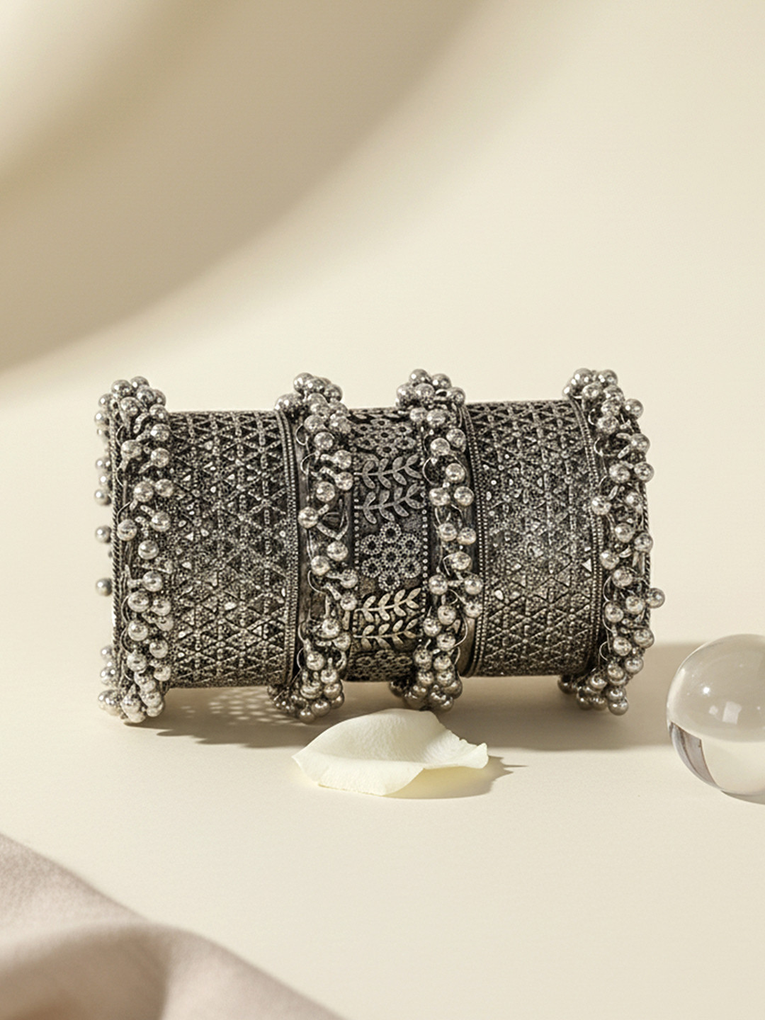 KARATCART Silver-Plated Tribal-Inspired Oxidized Beaded Cuff Bangle