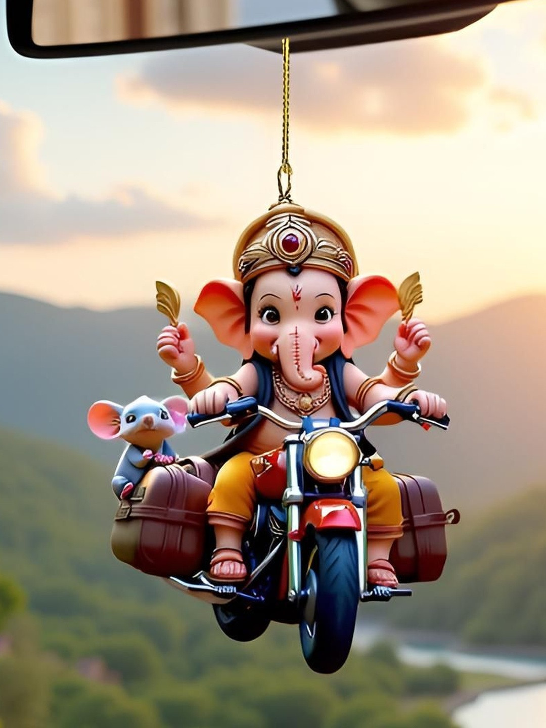 Gopalvilla Unisex 2D Ganesha on Motorcycle Car Hanging Ornament Religious Idol Showpiece
