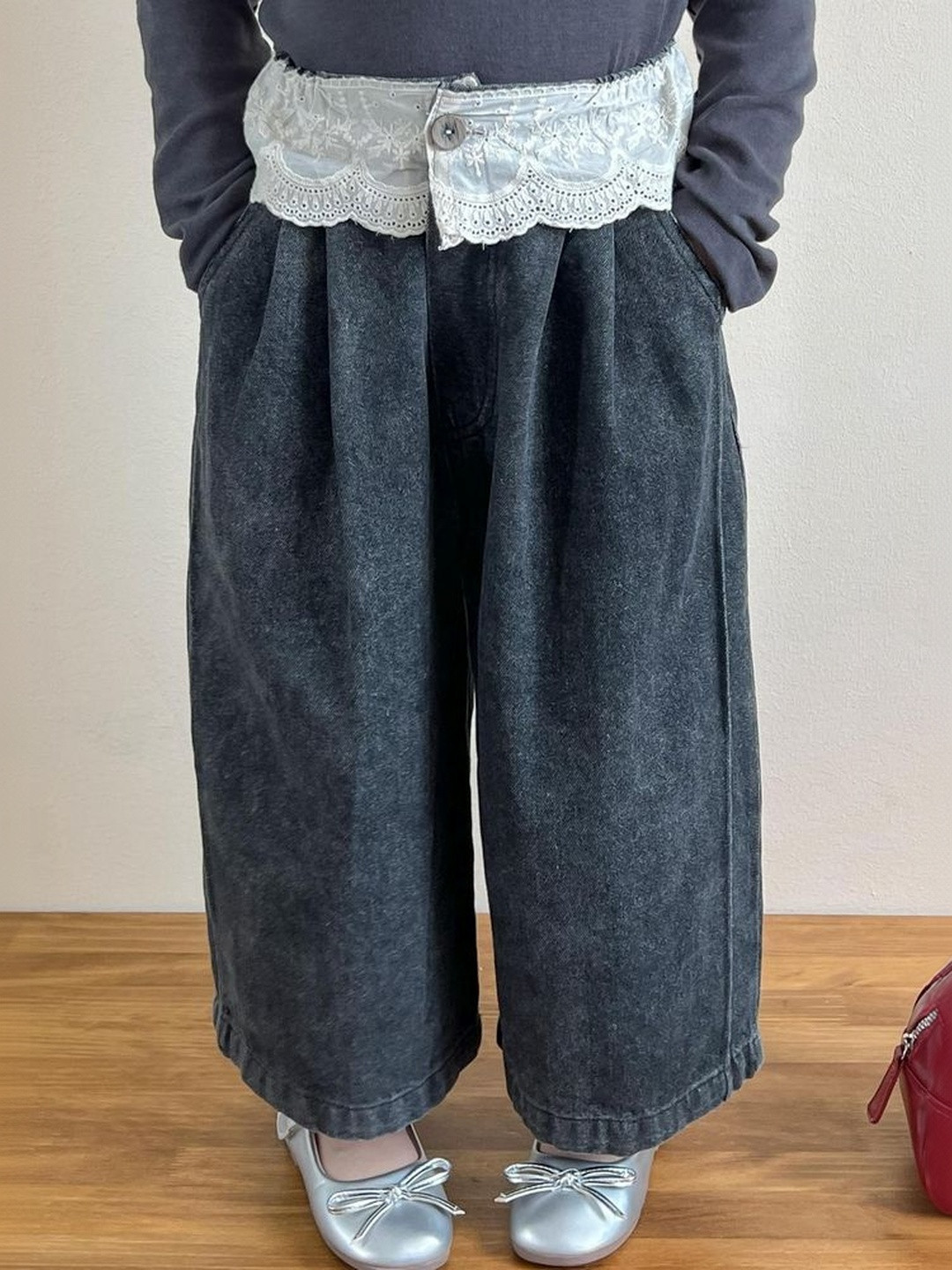LULU & SKY Girls Wide Leg High-Rise Light Fade Lace Detail Jeans