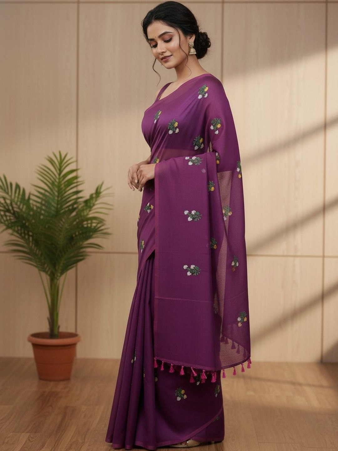 Brynbrit Floral Embroidered Pure Cotton Saree