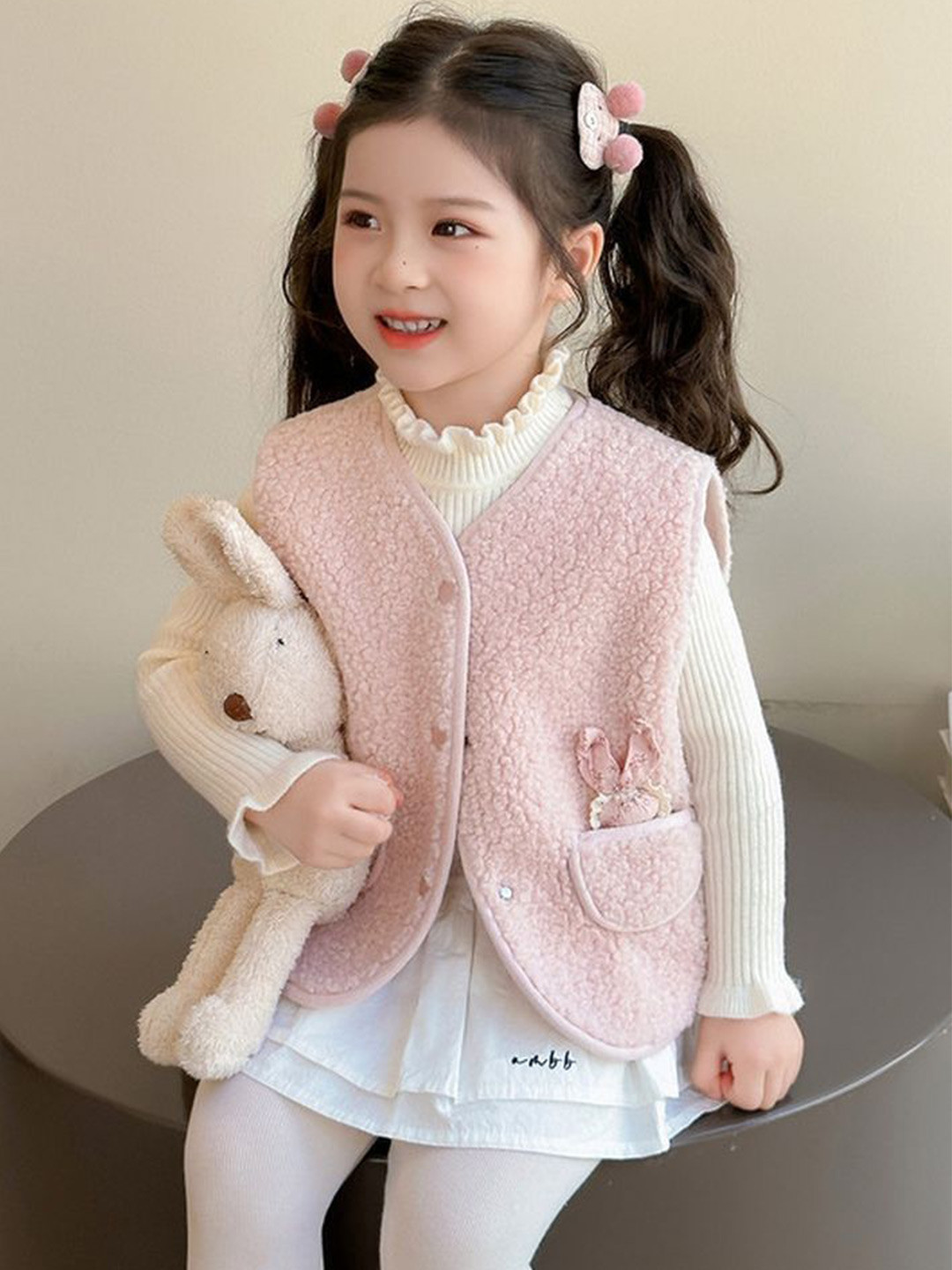 LULU & SKY Girls  Buttoned Fleece Vest Sweater with Applique Detail