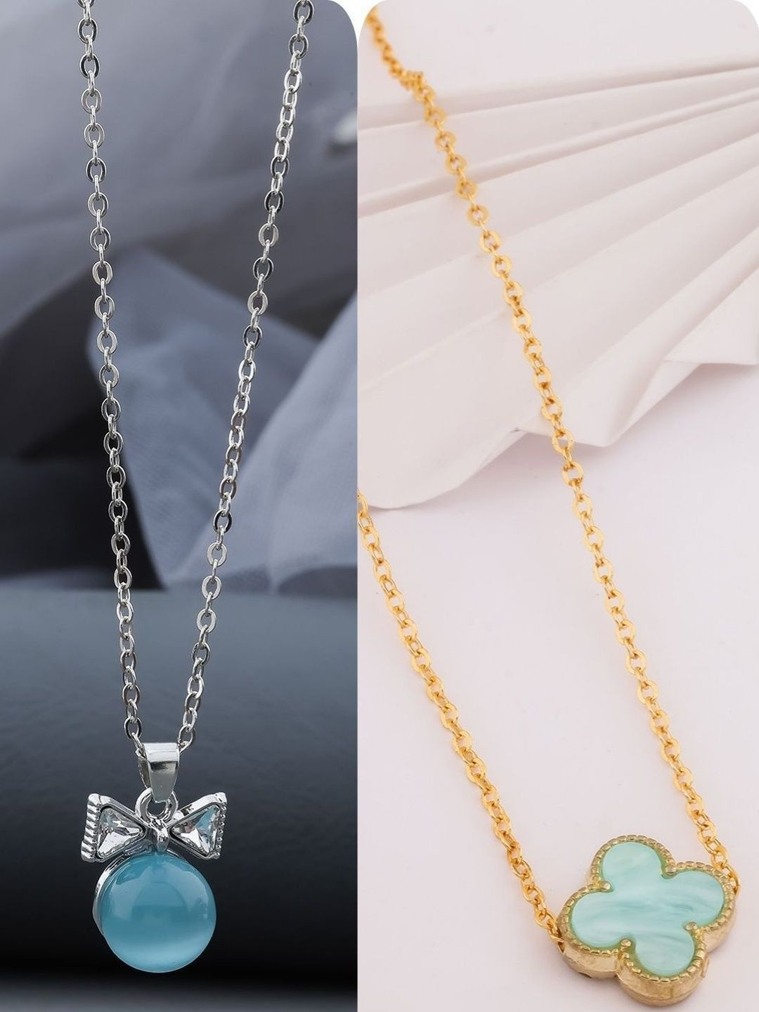 SZN Brass set Of 2 Gold-Plated Artificial Stones Studded Minimal Necklaces With Chains