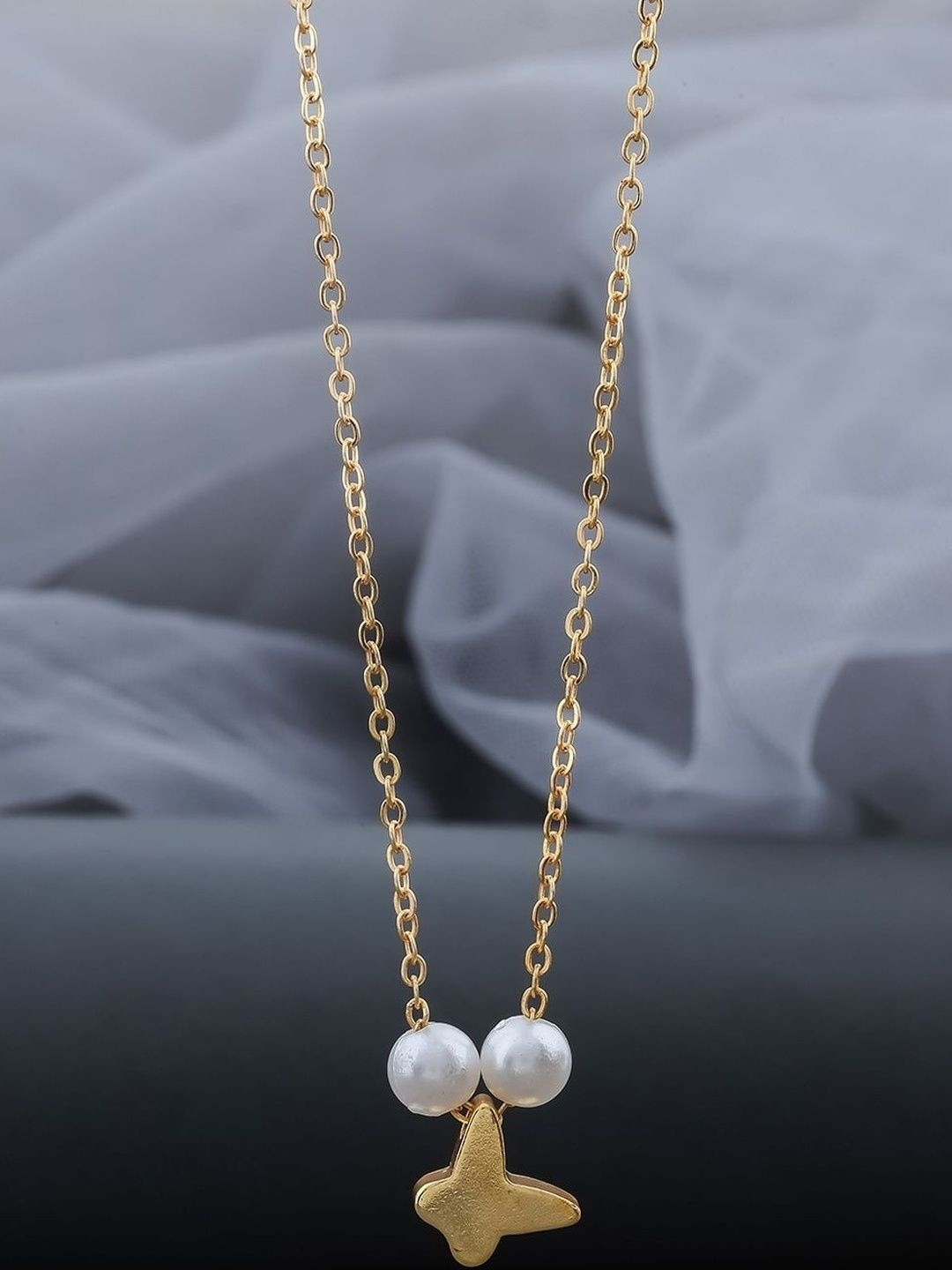 SZN Elegant Set Of 2 Gold-Plated Artificial Beaded Spherical Minimal Link Chain Necklaces
