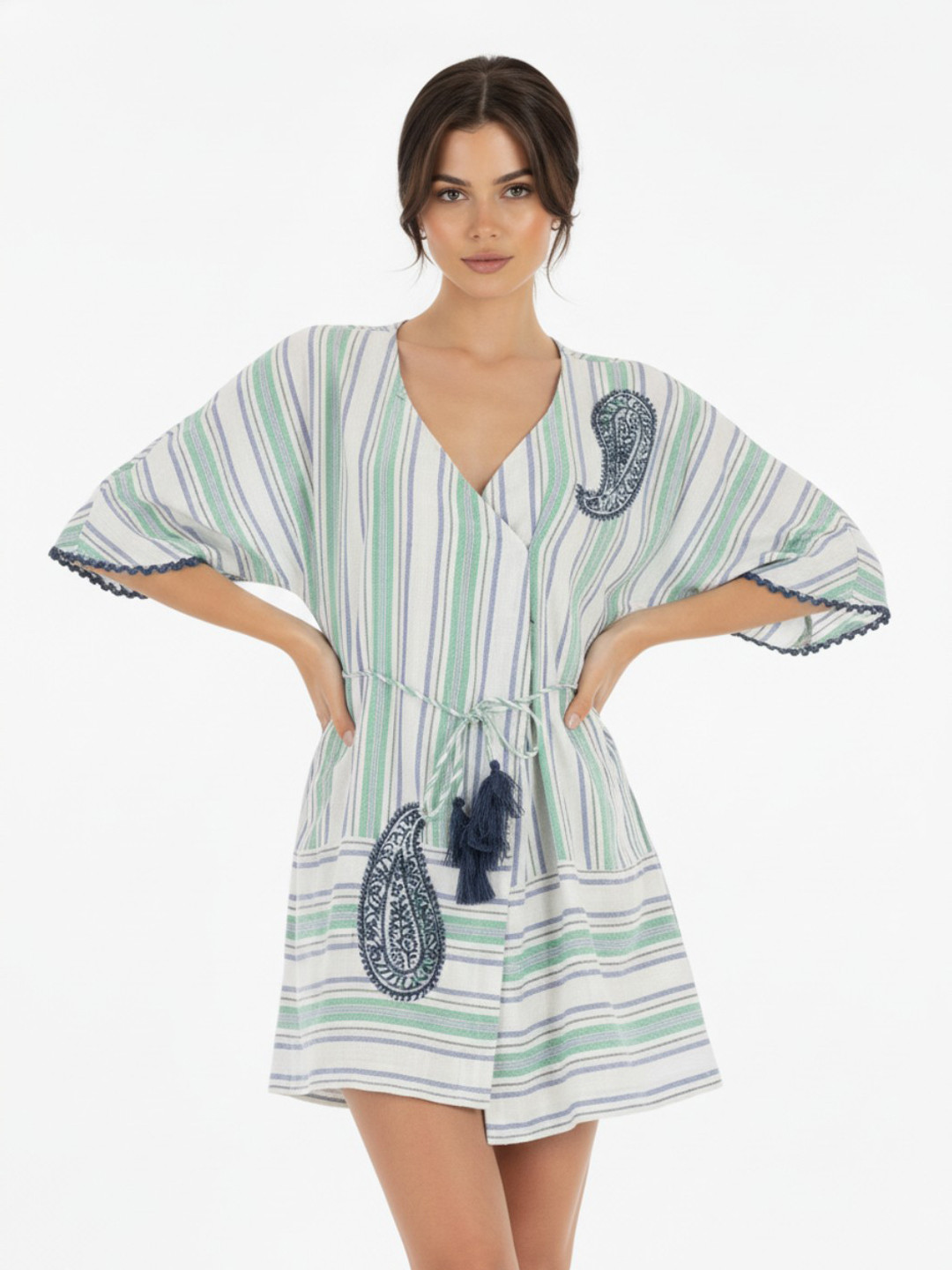 glitchez Kimono Sleeves Striped Paisley Applique Mini Wrap Dress With Waist Tie Up
