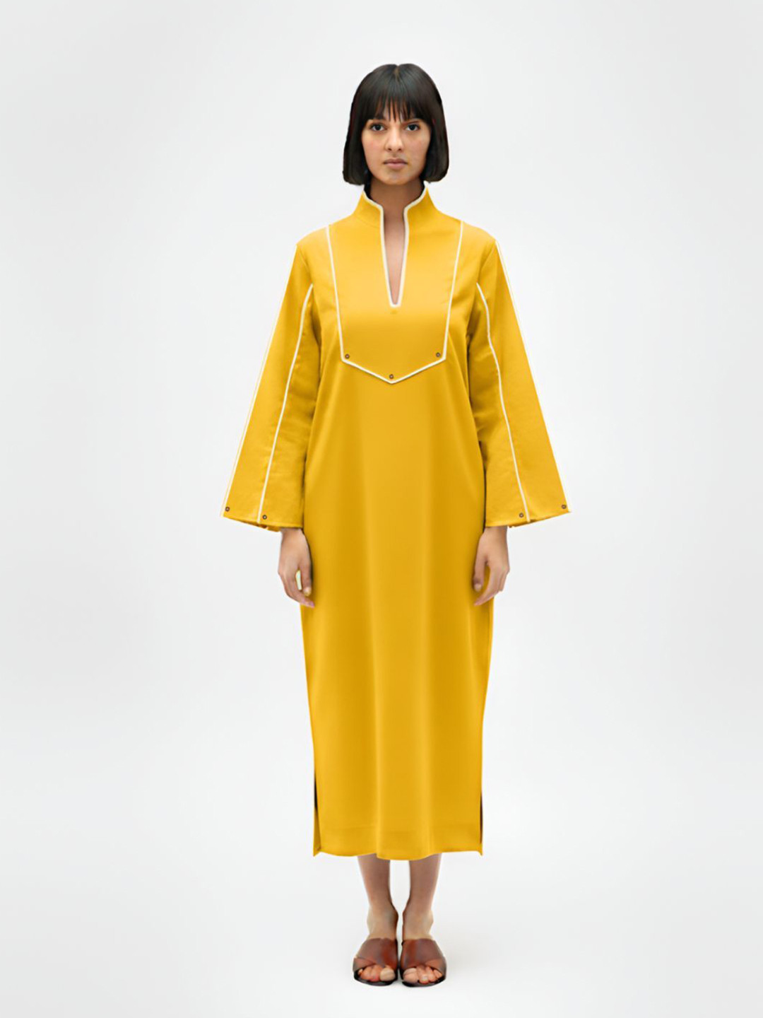 Neora Women Solid Mandarin Collar Long Sleeve Jacquard Maxi A-Line Dress