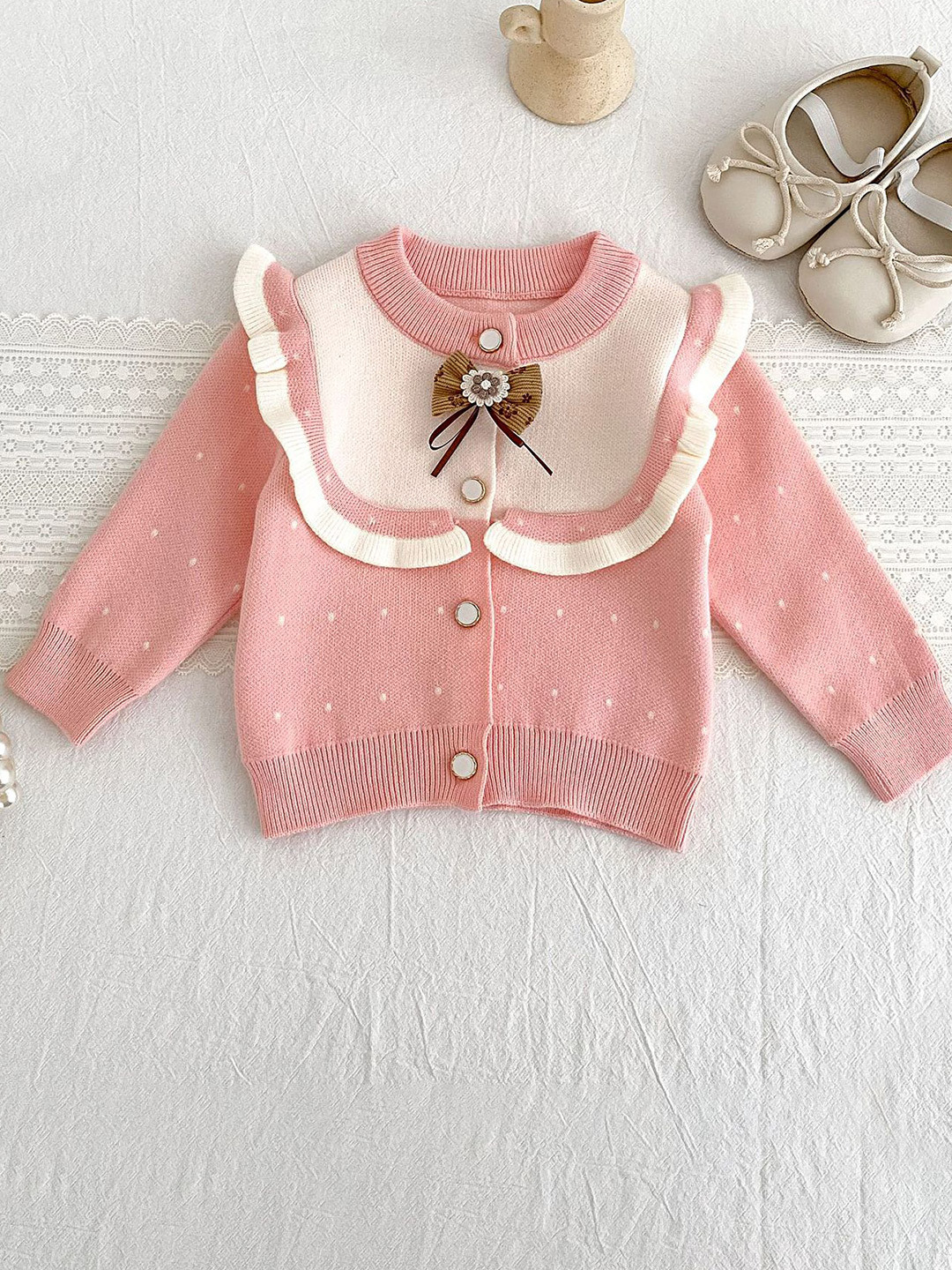 LULU & SKY Girls Round Neck Long Sleeves Cardigan With Applique Detail