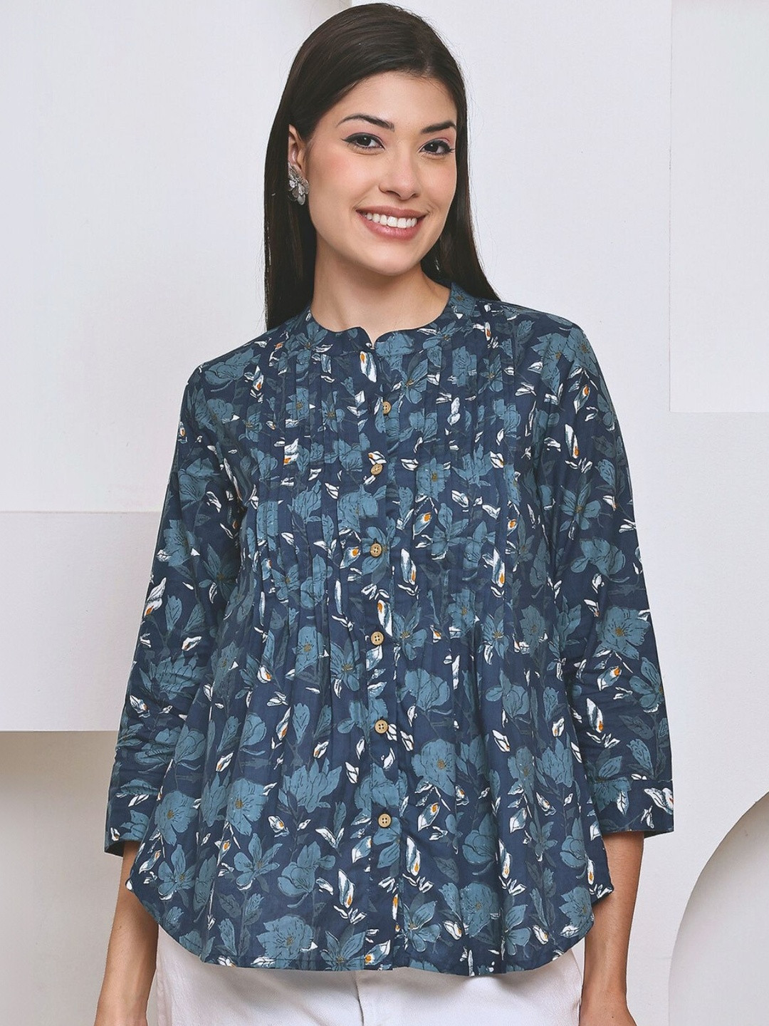 Feel Clath Women Floral Printed Mandarin Collar A-Line Top
