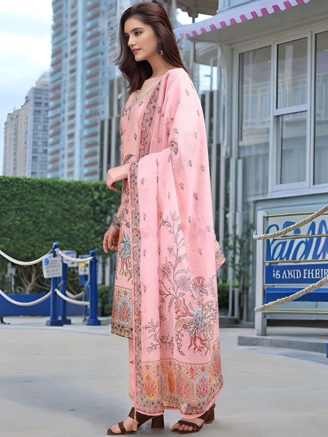 Suha Women Floral Printed Regular Linen Kurta Set With Dupatta