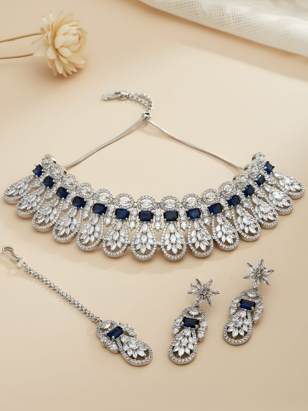 KARATCART Silver-Plated & Blue American Diamond Studded Jewellery Set