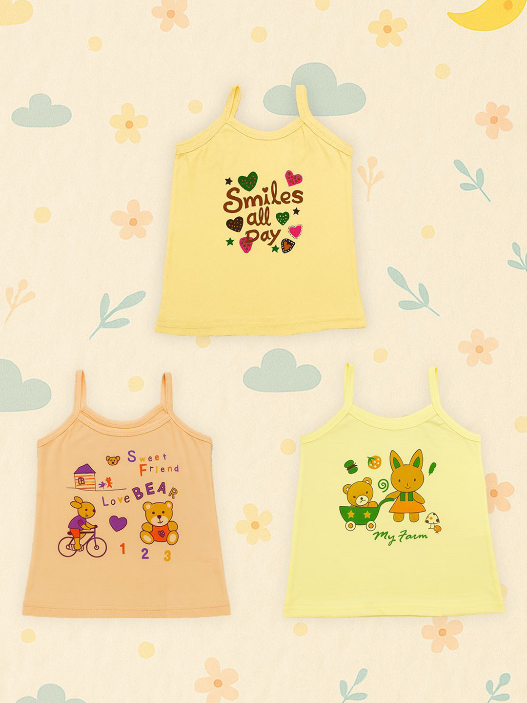 Kidbea Girls Pack Of 3 Printed Organic Cotton Comfortable Summer Innerwear Vest